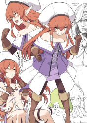 Rule 34 | 1boy, 1girl, boots, breasts, brown footwear, brown gloves, brown pantyhose, clenched hands, clenched teeth, closed eyes, constricted pupils, dress, exploding clothes, food, fruit, gloves, hair between eyes, hat, helck, helck (character), holding, holding spoon, knee boots, long hair, looking ahead, low-tied sidelocks, medium breasts, multiple views, off-shoulder dress, off shoulder, open mouth, pantyhose, parted lips, piwi, pointy ears, purple dress, red hair, shiseki hirame, shouting, sitting, speech bubble, spoon, standing, strawberry, sweatdrop, teeth, translation request, two-tone dress, v-shaped eyebrows, vermilio (helck), white background, white dress, white headwear, wide-eyed, yellow eyes