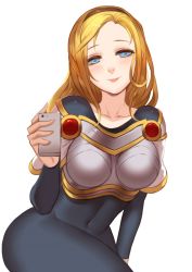 Rule 34 | 1girl, :p, armor, blonde hair, blue eyes, bodysuit, breasts, citemer, covered navel, highres, league of legends, liuruoyu8888, long hair, looking at viewer, lux (league of legends), navel, selfie, solo, tongue, tongue out