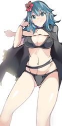 Rule 34 | 1girl, bare legs, bikini, black bikini, black cape, blue hair, breasts, byleth (female) (fire emblem), byleth (female) (summer) (fire emblem), byleth (fire emblem), cape, choker, cleavage, enpe, fire emblem, fire emblem: three houses, fire emblem heroes, flower, gluteal fold, green eyes, hair between eyes, hair flower, hair ornament, highres, large breasts, long hair, looking at viewer, navel, nintendo, simple background, solo, stomach, stretching, swimsuit, thighs, white background