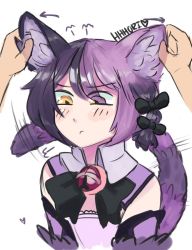 Rule 34 | 1girl, animal ear fluff, animal ears, animal hands, arrow (symbol), artist name, bell, black bow, black bowtie, blush, bow, bowtie, cat ears, cat tail, cheshire cat (monster girl encyclopedia), closed mouth, commentary, english commentary, eyes visible through hair, fur, grabbing another&#039;s ear, hair bow, heart, hhhori, highres, jingle bell, monster girl, monster girl encyclopedia, monster girl encyclopedia ii, neck bell, out of frame, purple hair, short hair, simple background, solo, solo focus, tail, uncommon stimulation, white background, yellow eyes