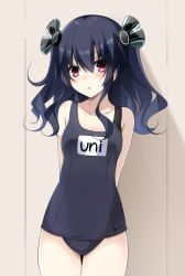 Rule 34 | alternate costume, arms behind back, bare shoulders, black hair, blush, breasts, character name, choujigen game neptune mk2, collarbone, commentary request, cowboy shot, doria (p f dolia), hair between eyes, hair ornament, looking at viewer, neptune (series), open mouth, red eyes, school swimsuit, short hair, small breasts, solo, swimsuit, thighs, two side up, uni (neptunia)