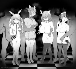 Rule 34 | 4boys, 4girls, after kiss, animal ears, antlers, arms behind back, bar censor, barefoot, bell, blush, braid, breasts, censored, christmas, cleft of venus, clenched teeth, closed eyes, collar, commentary request, completely nude, dirty, elf, extra ears, faceless, faceless male, fake antlers, full body, garter belt, grabbed breast over shoulder, grabbing, grabbing another&#039;s breast, grabbing from behind, greyscale, grimace, hair ribbon, hand on another&#039;s crotch, hat, hetero, highres, holding, holding leash, hololive, horns, houshou marine, hug, hug from behind, huge breasts, large breasts, leash, long hair, monochrome, multicolored hair, multiple boys, multiple girls, neck bell, nipple stimulation, nipple tweak, nipples, nude, pointy ears, puru (manatsu), pussy, rabbit ears, reindeer antlers, ribbon, sagging breasts, saliva, saliva trail, santa hat, shiranui flare, shirogane noel, short hair, small breasts, standing, streaked hair, sweat, teeth, thighhighs, twin braids, twintails, twitter username, usada pekora, virtual youtuber, wavy mouth