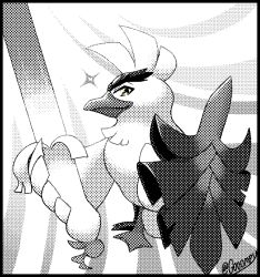 Rule 34 | animal focus, bird, commentary, creature, creatures (company), english commentary, full body, game freak, gen 8 pokemon, gooompy, greyscale, halftone, holding, holding sword, holding weapon, looking at viewer, monochrome, nintendo, no humans, partially colored, pokemon, pokemon (creature), polka dot, signature, simple background, sirfetch&#039;d, solo, spot color, sword, weapon, white background, yellow eyes