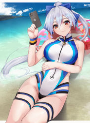Rule 34 | 1girl, beach, blue bow, blue one-piece swimsuit, blue sky, blush, bow, breasts, cellphone, closed mouth, day, fate/grand order, fate (series), hair between eyes, hair bow, highleg, highleg swimsuit, innertube, large breasts, long hair, looking at viewer, lying, mexif, ocean, on back, one-piece swimsuit, phone, ponytail, red eyes, revision, shore, silver hair, sky, smile, swim ring, swimsuit, thigh strap, thighs, tomoe gozen (fate), tomoe gozen (swimsuit saber) (fate), two-tone swimsuit, white one-piece swimsuit, wristband