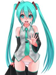 Rule 34 | 1girl, ahoge, aqua eyes, aqua hair, breasts, covered erect nipples, detached sleeves, hatsune miku, long hair, necktie, no pants, o-minato, open mouth, panties, simple background, small breasts, solo, thighhighs, twintails, underwear, very long hair, vocaloid, white background