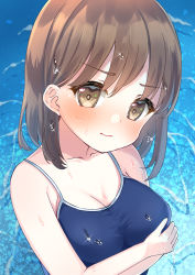 Rule 34 | 1girl, bare arms, bare shoulders, blue one-piece swimsuit, blush, breasts, brown eyes, brown hair, cleavage, closed mouth, collarbone, commentary request, hair between eyes, highres, looking at viewer, medium breasts, one-piece swimsuit, original, school swimsuit, solo, suzu (minagi), swimsuit, water, wet