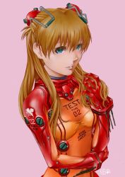 Rule 34 | 1girl, artist request, blue eyes, bodysuit, breasts, brown hair, evangelion: 2.0 you can (not) advance, hair between eyes, highres, lips, long hair, looking at viewer, neon genesis evangelion, plugsuit, rebuild of evangelion, red bodysuit, shiny clothes, shiny skin, simple background, skin tight, solo, souryuu asuka langley, test plugsuit, torn clothes, upper body, very long hair