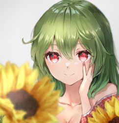 Rule 34 | 1girl, bare shoulders, blurry, blurry foreground, breasts, cleavage, closed mouth, collarbone, commentary request, depth of field, fingernails, flower, green hair, grey background, hair between eyes, hand on own cheek, hand on own face, hand up, kazami yuuka, long hair, looking at flowers, nail polish, off shoulder, red eyes, red nails, shironeko yuuki, simple background, smile, solo, sunflower, touhou, upper body, yellow flower