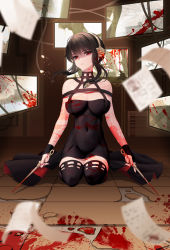 Rule 34 | 1girl, absurdres, black dress, black gloves, black hair, blood, blood on arm, blood on clothes, blood on face, blood on hands, blood on leg, bloody handprints, bloody weapon, blurry, breasts, closed mouth, covered navel, crack, cracked floor, cracked screen, dagger, depth of field, dress, dual wielding, expressionless, fingerless gloves, floating hair, flower, flying paper, full body, gloves, gold hairband, hair flower, hair ornament, hairband, handprint, highres, holding, holding dagger, holding knife, holding weapon, kneeling, knife, large breasts, long hair, looking at viewer, monitor, mu mu xiansheng, nail polish, off-shoulder dress, off shoulder, paper, red nails, rose, screen, sidelocks, solo, spikes, spy x family, thighhighs, tight clothes, tight dress, two-sided dress, two-sided fabric, weapon, yor briar, zettai ryouiki
