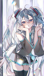 Rule 34 | 1girl, :o, absurdres, ahoge, aqua hair, aqua necktie, arm support, bare shoulders, black thighhighs, blue eyes, commentary, cowboy shot, detached sleeves, flower, grey shirt, hair between eyes, hair flower, hair ornament, hatsune miku, highres, leaning on object, long hair, looking at viewer, miku day, nagihaha, necktie, open mouth, pleated skirt, shirt, signature, skirt, sleeveless, sleeveless shirt, solo, standing, table, thighhighs, twintails, very long hair, vocaloid, wide sleeves, zettai ryouiki