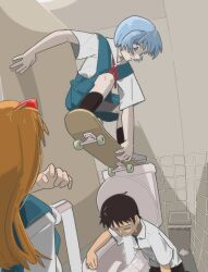 1boy 2girls ayanami_rei blue_hair fubarmoe highres holding holding_skateboard ikari_shinji multiple_girls neckerchief neon_genesis_evangelion orange_hair red_ribbon ribbon school_uniform shirt skateboard souryuu_asuka_langley sweatdrop toilet toilet_paper toilet_stall tokyo-3_middle_school_uniform vomiting white_shirt