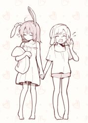 Rule 34 | 2girls, ahoge, alternate costume, animal ears, animal print, barefoot, closed eyes, commentary, earclip, full body, greyscale, hand up, highres, holding hands, kauchipoteto, long hair, monochrome, multiple girls, nightgown, no headwear, open mouth, patterned background, rabbit ears, rabbit print, ringo (touhou), seiran (touhou), shirt, short hair, shorts, sleepy, squeans, touhou, yawning