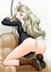 Rule 34 | 10s, 1girl, akanako, ass, blonde hair, blue eyes, blush, boots, breasts, chain, chair, from behind, hair ornament, hairclip, highres, jacket, long hair, looking at viewer, looking back, megami tensei, open mouth, panties, partially visible vulva, persona, persona 5, red legwear, shin megami tensei, sideboob, skirt, smile, solo, takamaki anne, twintails, underwear, upskirt