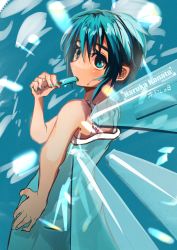 Rule 34 | 1girl, absurdres, artist name, bare shoulders, blue background, blue dress, blue eyes, blue hair, blue nails, blush, cirno, commentary, cowboy shot, dress, eating, food, from behind, hair between eyes, haruka kanata (togassi1), hashtag, highres, holding, holding food, ice, ice wings, looking at viewer, looking back, nail polish, popsicle, short hair, sidelocks, sleeveless, solo, sundress, sweatdrop, touhou, translated, wings