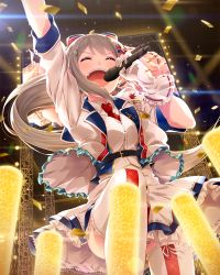 Rule 34 | 1girl, belt, character request, concert, confetti, copyright request, closed eyes, gloves, glowstick, grey hair, hair ornament, hairclip, idol, layered skirt, long hair, microphone, mole, mole under eye, music, narumi nanami, necktie, open mouth, short sleeves, singing, skirt, solo focus, stage, sweat, thighhighs, virtual youtuber, white gloves, zettai ryouiki