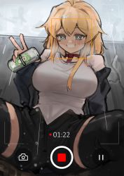 Rule 34 | 1girl, absurdres, black jacket, black shorts, black thighhighs, blonde hair, blue eyes, blush, breasts, can, choker, commentary, highres, holding, holding can, indie virtual youtuber, jacket, long hair, looking at viewer, medium breasts, off shoulder, open clothes, open shorts, recording, red choker, shirt, shorts, smile, solo, spread legs, symbol-only commentary, thighhighs, v, viewfinder, virtual youtuber, whiskey project, white shirt, xerbatt