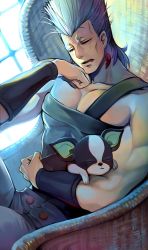 Rule 34 | 1boy, animal, animal hands, black shirt, boston terrier, bracer, buttons, chest strap, closed eyes, dog, earrings, flattop, grey hair, grey pants, halu-ca, hand on own face, highres, holding, holding animal, holding dog, iggy (jojo), jean pierre polnareff, jewelry, jojo no kimyou na bouken, muscular, muscular male, no eyebrows, open mouth, pants, pectorals, saliva, shirt, sitting, sleeping, sleeveless, sleeveless shirt, strapless, tube top, upper body, wicker furniture, window