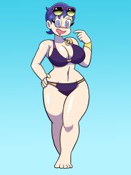 Rule 34 | 1girl, @ @, alternate hairstyle, bare shoulders, bikini, blue background, blush, breasts, cleavage, collarbone, creatures (company), drooling, feet, full body, game freak, greliz, hand on own hip, hand up, hex maniac (pokemon), highres, large breasts, long hair, looking at viewer, matching hair/eyes, navel, nintendo, npc trainer, open mouth, pokemon, pokemon xy, purple bikini, purple eyes, purple hair, short hair, simple background, smile, solo, standing, sunglasses, swimsuit, wristband