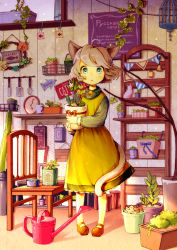 Rule 34 | 1girl, :3, ahoge, animal ears, bell, birdcage, blush, cactus, cage, cat, cat ears, cat tail, chair, child, clock, coffee mug, commentary, curtains, dress, flag, flower, full body, garden, green eyes, holding, indoors, knife, license plate, light, light brown hair, light particles, looking at viewer, mary janes, mug, original, pennant, pigeon-toed, plant, potted plant, ribbon, russian text, shadow, shelf, shoes, short hair, sign, solo, spatula, standing, string of flags, tail, tati tachiko, vines, watering can, window, wreath, yellow dress