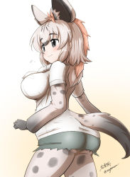 Rule 34 | 1girl, animal ear fluff, animal ears, arms at sides, ass, black hair, bodystocking, breast pocket, breasts, brown hair, closed mouth, clothing cutout, commentary request, cowboy shot, cutoffs, flying sweatdrops, from side, fur scarf, gloves, grey eyes, hyena ears, hyena girl, hyena tail, impossible clothes, impossible shirt, kemono friends, large breasts, layered sleeves, light brown hair, long hair, long sleeves, multicolored hair, pocket, print sleeves, scarf, shirt, short over long sleeves, short shorts, short sleeves, shorts, solo, spotted hyena (kemono friends), tail, tail through clothes, taurine 8000mg, twitter username
