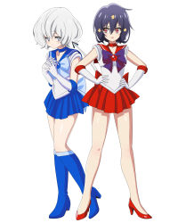 Rule 34 | 10s, 2girls, bishoujo senshi sailor moon, black hair, blue choker, blue footwear, blue sailor collar, blue skirt, boots, bow, choker, commentary request, cosplay, elbow gloves, full body, gloves, hair between eyes, hair ornament, hands on own hips, highres, inner senshi, konno junko, long hair, low twintails, magical girl, mizuno ai, multiple girls, pirochi, purple bow, red bow, red choker, red eyes, red sailor collar, sailor collar, sailor mars, sailor mars (cosplay), sailor mercury, sailor mercury (cosplay), sailor senshi, sailor senshi uniform, short hair, simple background, skirt, standing, twintails, white background, white gloves, zombie land saga