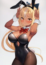 Rule 34 | 1girl, absurdres, alternate costume, animal ears, bare shoulders, black hairband, black leotard, blonde hair, blue bow, blurry, blush, bow, bowtie, breasts, brown eyes, brown pantyhose, cleavage, closed mouth, commentary request, cowboy shot, dark-skinned female, dark skin, depth of field, detached collar, fake animal ears, fake tail, fishnet pantyhose, fishnets, furrowed brow, hair bow, hairband, highres, hololive, large breasts, latex, latex leotard, leotard, long hair, looking at viewer, multicolored hair, otokucha, paid reward available, pantyhose, playboy bunny, ponytail, rabbit ears, rabbit pose, rabbit tail, red bow, red bowtie, shiranui flare, simple background, solo, strapless, strapless leotard, streaked hair, tail, traditional bowtie, two-tone hair, virtual youtuber, white background, white hair, wrist cuffs
