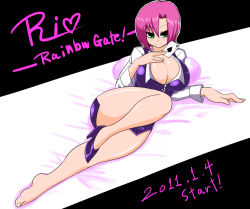 Rule 34 | 1girl, barefoot, bed, breasts, card, cleavage, dress, female focus, green eyes, high heels, huge breasts, leg up, legs, lying, miniskirt, numadaira, pink hair, rio rollins, shoes, short hair, skirt, solo, super blackjack, thick thighs, thighs