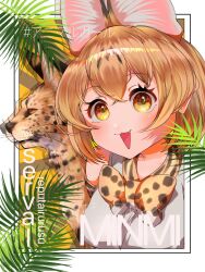 Rule 34 | 1girl, animal ears, bare shoulders, blonde hair, bow, bowtie, cat ears, cat girl, elbow gloves, extra ears, gloves, highres, kemono friends, looking at viewer, open mouth, saba ru, serval, serval (kemono friends), serval print, shirt, short hair, simple background, sleeveless, sleeveless shirt, smile, upper body, yellow eyes