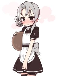 Rule 34 | 1girl, alternate costume, apron, asymmetrical hair, black dress, blush, commentary request, cowboy shot, dress, embarrassed, flipped hair, grey eyes, highres, kantai collection, long hair, nose blush, nowaki (kancolle), silver hair, simple background, solo, swept bangs, tray, waitress, white apron, white background, yoru nai