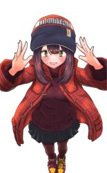 Rule 34 | 1girl, :d, beanie, brown hair, green eyes, hat, highres, jacket, jagi (jagi souken), open clothes, open jacket, open mouth, pantyhose, ribbed sweater, smile, solo, sweater, toki ayano, turtleneck, turtleneck sweater, white background, yurucamp