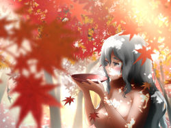 Rule 34 | 1girl, alcohol, autumn, autumn leaves, blush, breasts, brown eyes, forest, grey hair, hair between eyes, highres, kantai collection, large breasts, leaf, long hair, nature, nude, open mouth, plate, pola (kancolle), solo, sunlight, tama (tamago), thick eyebrows, tree, wavy hair