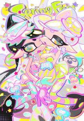 Rule 34 | 2girls, absurdly long hair, bare shoulders, between breasts, black footwear, black hair, blue collar, blue gloves, blue pupils, boots, bow-shaped hair, breasts, callie (splatoon), candy, cleavage, collar, commentary, detached collar, dress, earrings, easter egg, egg, facepaint, fangs, food, gloves, gradient hair, green dress, green hair, grey hair, hair ornament, half-closed eyes, highres, holding, holding egg, hoop earrings, inkling, jelly bean, jellyfish (splatoon), jewelry, jumpsuit, large breasts, long hair, looking at viewer, marie (splatoon), multicolored hair, multiple girls, nintendo, official alternate costume, open mouth, orange eyes, pantyhose, pink collar, pink hair, pink jumpsuit, pink pantyhose, pointy ears, rabbit hair ornament, short hair, short jumpsuit, small breasts, sparkle, splatoon (series), splatoon 3, sprinkles, star-shaped pupils, star (symbol), star hair ornament, strapless, strapless dress, striped clothes, striped pantyhose, swept bangs, symbol-only commentary, symbol-shaped pupils, tentacle hair, thick eyebrows, thick eyelashes, twintails, two-tone hair, two-tone pantyhose, very long hair, xiaoyunatie