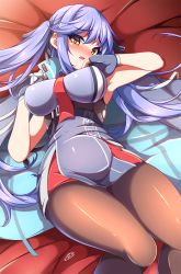 Rule 34 | 1girl, armpits, azur lane, between breasts, black pantyhose, black ribbon, blue cloak, blue dress, blue gloves, blue hair, blush, braid, breasts, character name, cloak, commentary request, dress, essex (azur lane), eyelashes, french braid, full-face blush, gloves, hair ribbon, hair spread out, hands up, highres, long hair, looking at viewer, lying, medium breasts, necktie, necktie between breasts, on back, panties, panties under pantyhose, pantyhose, pantyshot, parted lips, partially fingerless gloves, red necktie, ribbon, sayossa (pak-front), short dress, signature, sleeveless, sleeveless dress, solo, twintails, underbust, underwear, yellow eyes