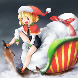 Rule 34 | 1girl, bare legs, bbb (33kudo), between legs, black dress, blonde hair, capelet, christmas, dress, hat, long sleeves, microdress, open mouth, red eyes, rumia, santa hat, sled, snow, solo, touhou