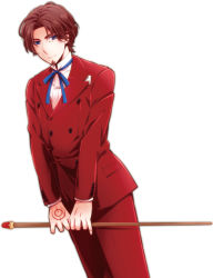 Rule 34 | 1boy, blue eyes, brown hair, cane, command spell, facial hair, fate/zero, fate (series), formal, gem, goatee, gucce222, male focus, solo, staff, suit, tohsaka tokiomi