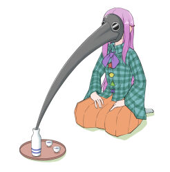 Rule 34 | 1girl, blue shirt, buttons, choko (cup), collared shirt, cup, flat chest, full body, hata no kokoro, long hair, long sleeves, mask, masked, multicolored buttons, orange skirt, peroponesosu., pink hair, plague doctor mask, plaid clothes, plaid shirt, seiza, shirt, simple background, sitting, skirt, solo, star (symbol), tokkuri, touhou, tray, triangle, very long hair, white background, x