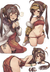 Rule 34 | 1girl, absurdres, ahoge, anchor hair ornament, ass, azur lane, baozi, bare shoulders, bent over, blush, bracelet, breasts, brown eyes, brown hair, china dress, chinese clothes, choker, closed eyes, coat, cowboy shot, cropped legs, dress, food, fur trim, groin, hair ornament, hairband, heart, heart-shaped pupils, highres, holding, holding food, jewelry, kintsuba (garapagosukkk), long hair, long sleeves, looking at viewer, multiple views, navel, off shoulder, open mouth, panda, panties, panty pull, ping hai (azur lane), ping hai (summer vacation) (azur lane), pulled by self, red panties, side-tie panties, simple background, small breasts, steam, strapless, symbol-shaped pupils, teeth, thick thighs, thighs, tube top, twintails, underwear, visor cap, white background, white panties