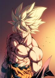 Rule 34 | 1boy, abs, arms at sides, backlighting, blonde hair, blood, blood from mouth, blood on face, blue eyes, dark background, dragon ball, dragonball z, dust, floating hair, from above, frown, gradient background, highres, light particles, looking afar, male focus, manly, mattari illust, muscular, orange background, pants, pectorals, red background, serious, shaded face, shirt, simple background, solo, son goku, spiked hair, standing, super saiyan, super saiyan 1, torn clothes, torn pants, torn shirt, upper body, wristband, yellow background