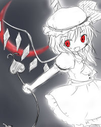 Rule 34 | 1girl, crescent moon, fang, female focus, flandre scarlet, grey background, hat, laevatein, mob cap, monochrome, moon, red eyes, red moon, ribbon, short hair, solo, spot color, suzu (yumesora), touhou, wings