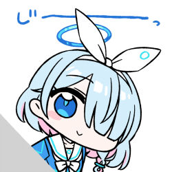 Rule 34 | 1girl, :&gt;, aqua hair, arona (blue archive), blue archive, blue eyes, braid, chan co, chibi, commentary, hair over one eye, halo, multicolored hair, peeking out, pink hair, sailor collar, school uniform, serafuku, short hair, side braid, simple background, smile, solo, staring, symbol-only commentary, white background, white sailor collar