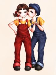 Rule 34 | 1boy, 1girl, :p, brown eyes, brown footwear, brown hair, fujiya, full body, holding hands, hand on own hip, hat, hetero, highres, looking at viewer, mascot, overalls, oyume, peko-chan, poko-chan, shirt, shoes, short hair, simple background, t-shirt, tan background, tongue, tongue out, twintails