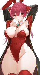 Rule 34 | 1girl, breasts, cleavage, curvy, heterochromia, highres, hololive, houshou marine, large breasts, looking at viewer, oritonagi, rabbit ears, red eyes, red hair, simple background, smile, solo, thick thighs, thighs, twintails, virtual youtuber, wide hips