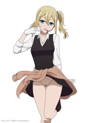 Rule 34 | 1girl, absurdres, bar censor, black dress, black socks, blonde hair, blue eyes, brown footwear, brown jacket, censored, cleft of venus, clothes around waist, collarbone, collared shirt, coro fae, dress, earpiece, gloves, hayasaka ai, headset, highres, jacket, jacket around waist, kaguya-sama wa kokurasetai ~tensai-tachi no renai zunousen~, long hair, long sleeves, looking at viewer, microphone, no panties, open mouth, paid reward available, pussy, shirt, shoes, side ponytail, sleeves rolled up, socks, solo, standing, standing on one leg, v, white background