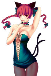 Rule 34 | 1girl, absurdres, alternate costume, animal ears, arm behind head, arm up, armpits, bare shoulders, black pantyhose, blush, bow, braid, breasts, cat ears, cat girl, cat tail, choker, cleavage, dress, extra ears, female focus, green skirt, hair bow, highres, kaenbyou rin, large breasts, long hair, looking at viewer, midriff, multiple tails, navel, nekomata, pantyhose, pointy ears, red eyes, red hair, ribbon choker, simple background, skirt, sleeveless, sleeveless dress, solo, tail, tongue, tongue out, touhou, twin braids, untue