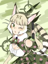 Rule 34 | 1girl, animal ear fluff, animal ears, bare shoulders, belt, breasts, cat ears, cat girl, cat tail, cleavage, elbow gloves, extra ears, fingerless gloves, gloves, green eyes, grey hair, gun, highres, jungle cat (kemono friends), kemono friends, kemono friends v project, long hair, looking at viewer, medium breasts, microphone, one eye closed, open mouth, ribbon, scarf, shirt, simple background, skirt, solo, suspenders, tail, twintails, virtual youtuber, weapon, y0whqzz8bkslezl