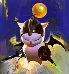 Rule 34 | abstract background, animal ears, bat wings, closed eyes, commentary, cosplay, english commentary, faux traditional media, final fantasy, final fantasy xiv, helmet, highres, holding, holding weapon, moogle, moon, no humans, shield, solo, sword, warrior, weapon, wings, yuming li