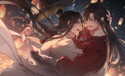 Rule 34 | 2boys, absurdres, bishounen, black hair, brown hair, butterfly necklace, chinese clothes, eyepatch, hair bun, hat, highres, hua cheng, long hair, long sleeves, male focus, multiple boys, pointy ears, red hanfu, red robe, robe, smile, string, string around finger, string of fate, sun hat, tianguan cifu, very long hair, white hanfu, white robe, wide sleeves, xie lian, yaoi, yellow eyes, young57440489