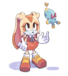 Rule 34 | 1girl, 1other, angiethecat, animal ears, blue ribbon, brown eyes, chao (sonic), cheese (sonic), cream the rabbit, dress, full body, furry, furry female, gloves, heart, highres, looking at another, neck ribbon, orange dress, orange footwear, rabbit ears, ribbon, shoes, signature, simple background, solo, sonic (series), white background, white gloves