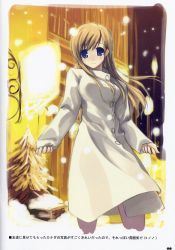 Rule 34 | 00s, 1girl, blonde hair, blue eyes, coat, commentary, highres, lantern, long sleeves, maria-sama ga miteru, parted bangs, scan, shingo (missing link), sleeves past wrists, snow, snowing, solo, toudou shimako, tree, winter, winter clothes, winter coat