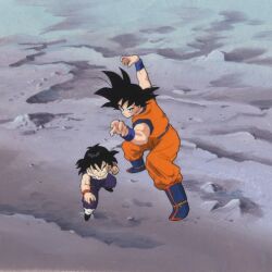 Rule 34 | black eyes, black hair, dragon ball, father and son, fighting stance, martial arts, muscular, muscular child, muscular male, scan, side-by-side, son gohan, son goku, tagme